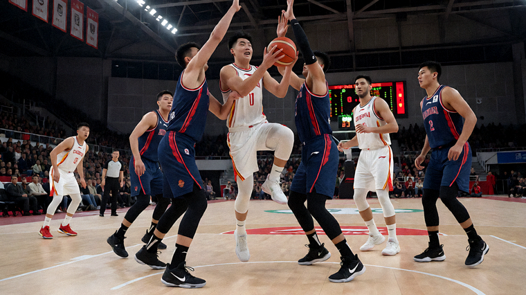 篮球比赛现场球员突破上篮与防守对抗画面
