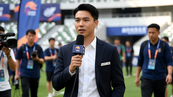 体育新闻现场记者记录赛事信息的画面