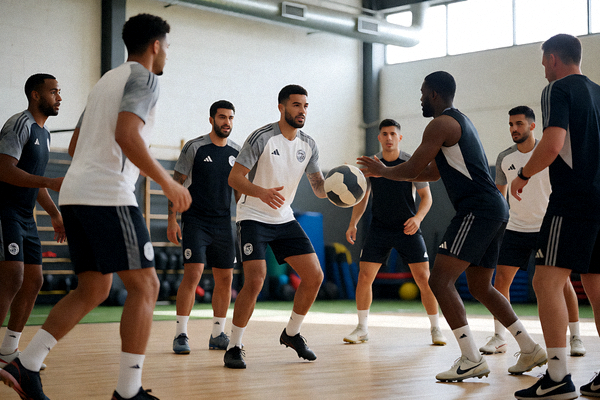 球队在训练场进行日常战术合练的场景